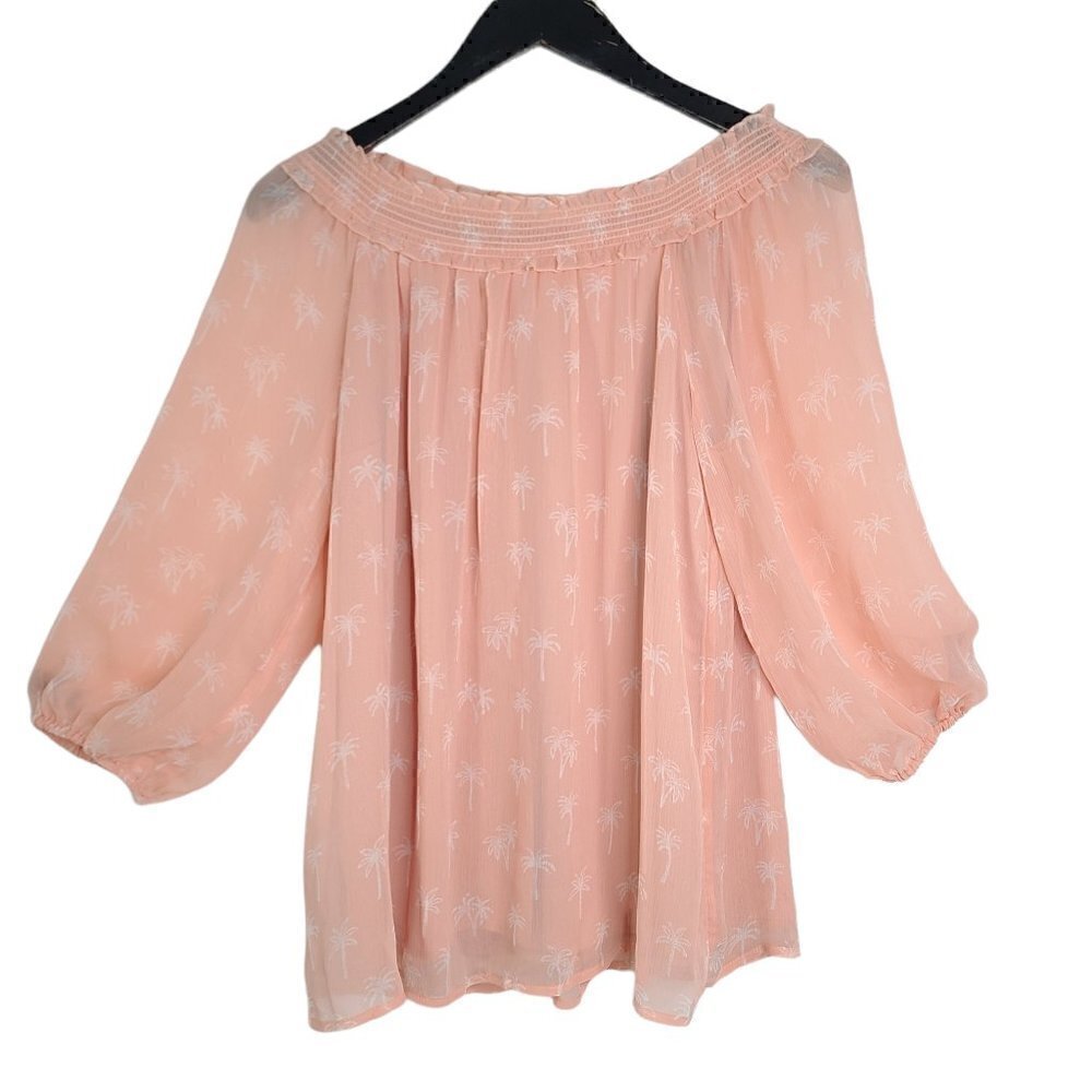 LC Lauren Conrad Pink Peach Summer Palm Off Shoulder All Over Print Boho Top